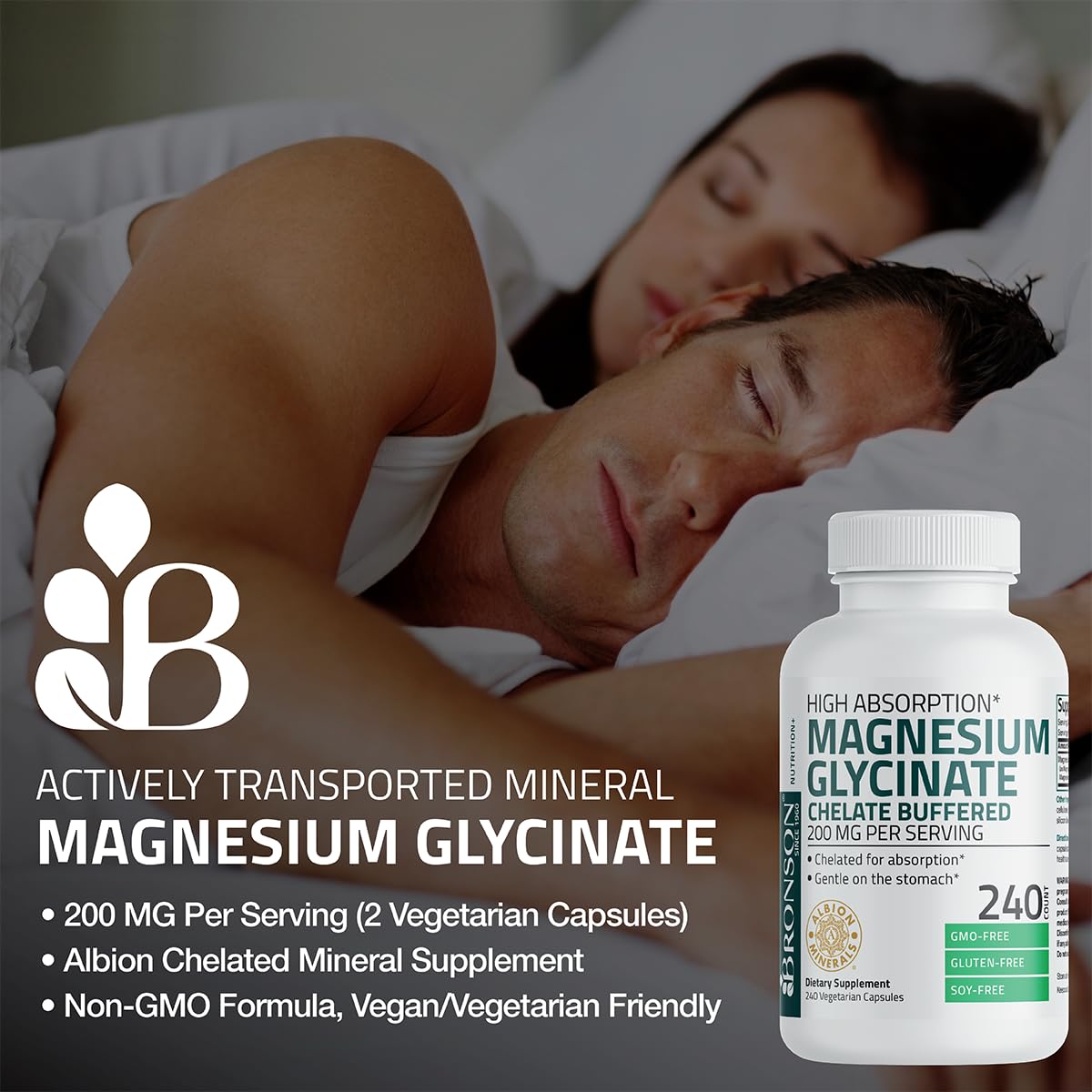 Bronson Magnesium Glycinate 200 MG per Serving Chelated for High Absorption, Gentle On Stomach, Non-GMO, 60 Vegetarian Capsules - Medaid International