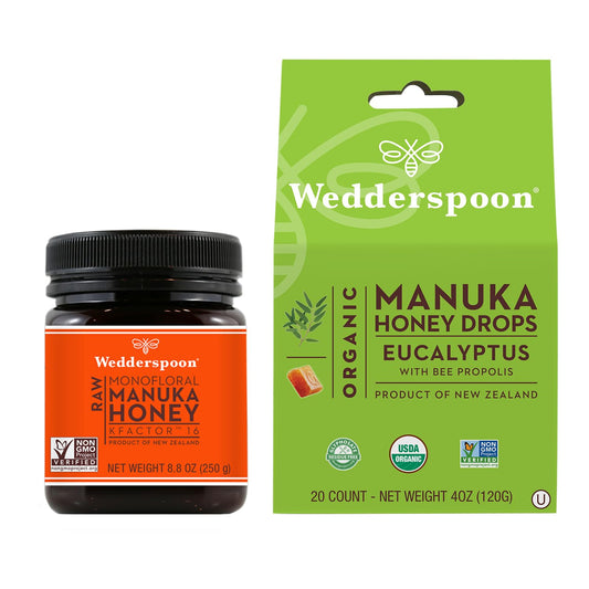 Wedderspoon Raw Premium Manuka Honey KFactor 16 (8.8 Oz, Pack of 1) and Manuka Honey Drops Eucalyptus & Bee Propolis (20 Count, Pack of 1) - Genuine New Zealand Honey, Perfect Remedy For Dry Throats - Medaid International
