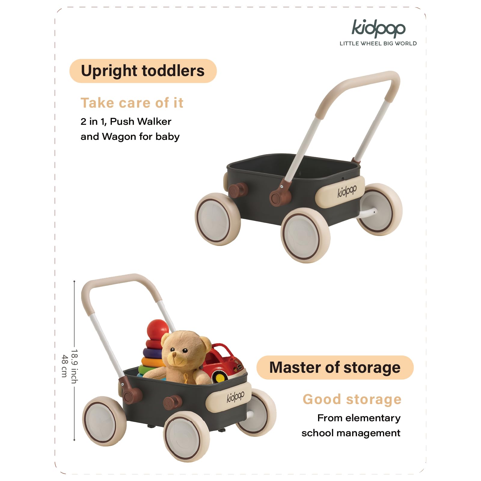 PULA Baby Push Walker with Wheels Toddler Wagon for First Learner Baby Toys 6-12 Months, 1 Year Old Birthday Gifts, Indoors and Outdoors (Black) - Medaid International