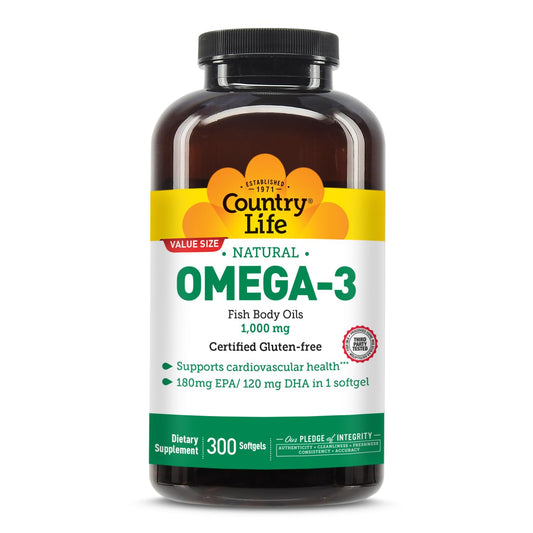 Country Life Omega-3 Fish Oil Supplement, 1000mg, 180mg EPA & 120mg DHA, Fish Oil Concentrate, Burpless, 300 Softgels, Certified Gluten Free - Medaid International