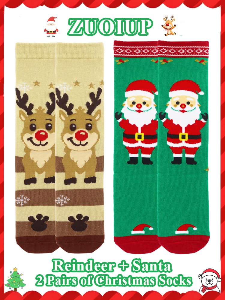 ZUOIUP Christmas Socks for Toddlers Girls Boys, 2 Pairs Knee High Xmas Kids Socks with Santa and Reindeer for Christmas Day for Unisex Toddler (Green+Brown,1-3 Y) - Medaid International
