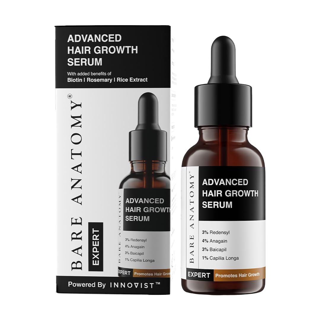 Bare Anatomy Advanced Hair Growth Serum| 3% Redensyl - 2x Better Results than Minoxidil | + 4% Anagain + 3% Baicapil | Rosemary, Biotin | Hair growth & Hair fall control serum for Women & Men | 30mL - Medaid International