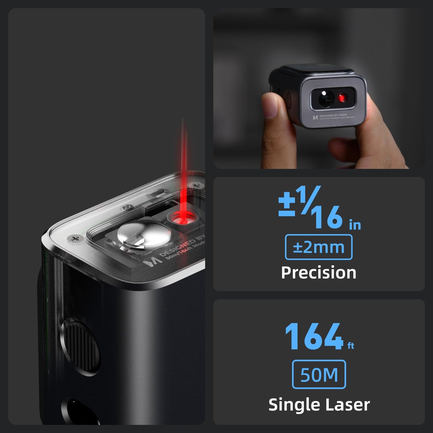 HOZO M-Cube Laser Measuring Tool,164ft/50m,±1/16 inch Accuracy,Rechargeable Modular Laser Measurement Tool for Area,Volume,Pythagorean,Big Number LCD Display | Bluetooth App,Small Laser Tape Measure - Medaid International