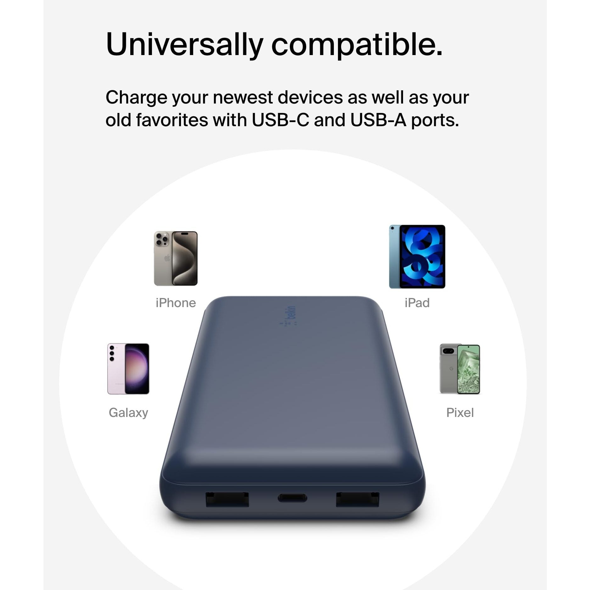 Belkin Portable Charger, USB C Power Bank 20000 mAh w/ 2 USB-A Ports, 15W w/ Type-A to Type-C Cable - iPhone 17, Air, Pro, Pro Max, AirPods, Samsung Galaxy S25, S24, Google Pixel 10, iPad, etc. - Blue - Medaid International