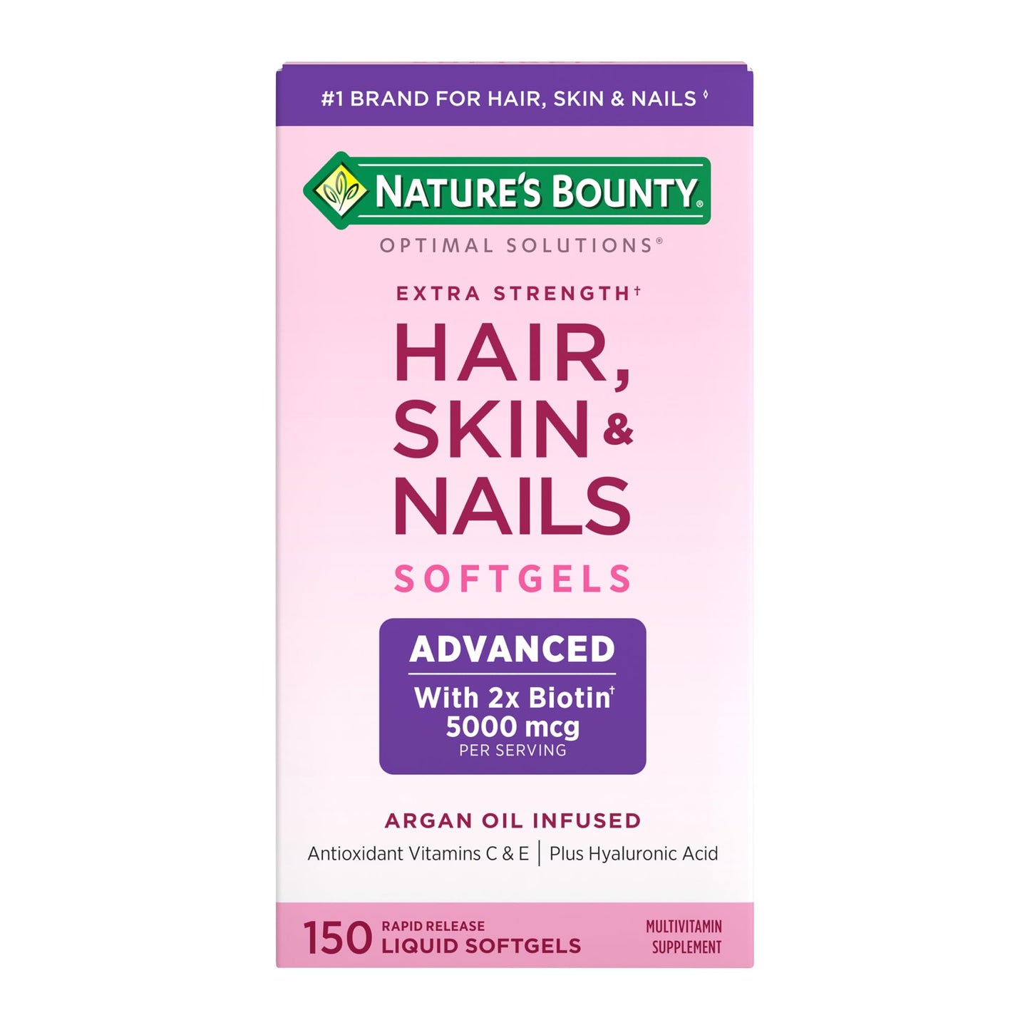 Nature's Bounty Advanced Hair, Skin & Nails, Argan-Infused Vitamin Supplement with Biotin and Hyaluronic Acid, 150 Rapid Release Softgels, 50 Total Servings - Medaid International