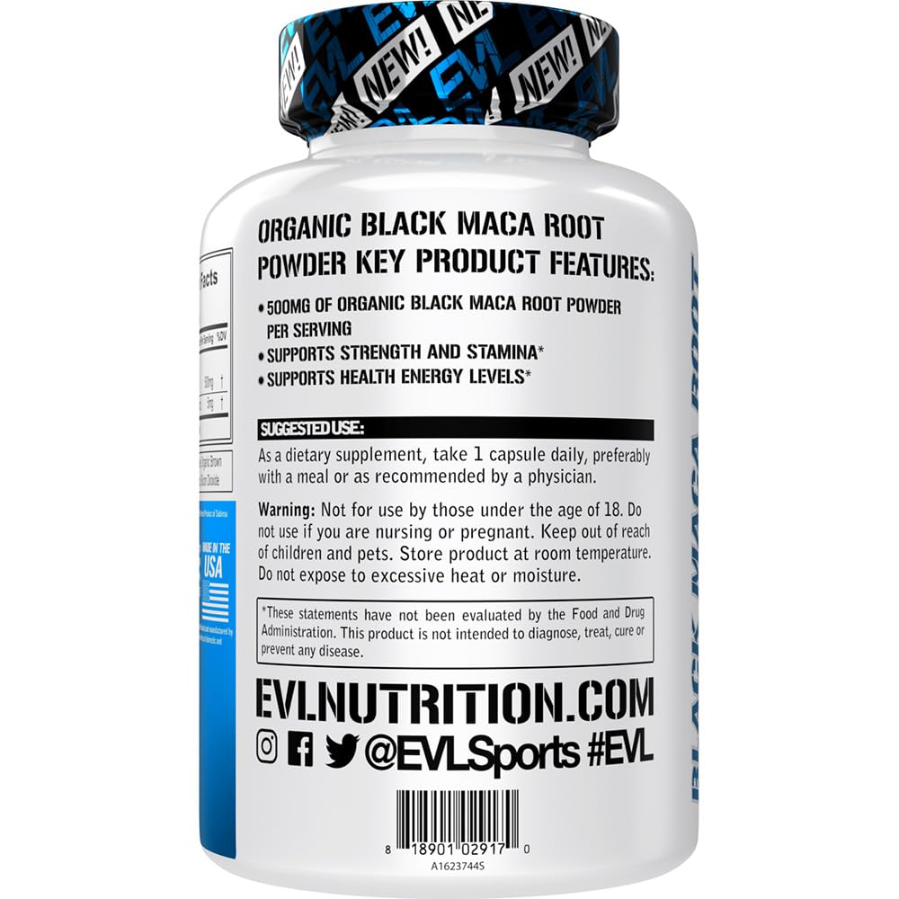 Evlution Nutrition Black Maca Root - Energy Support - 500mg Organic Black Maca Root Powder - Workout Supplement - Vegetarian Capsules - for Strength Performance & Stamina - 60 Servings - Medaid International