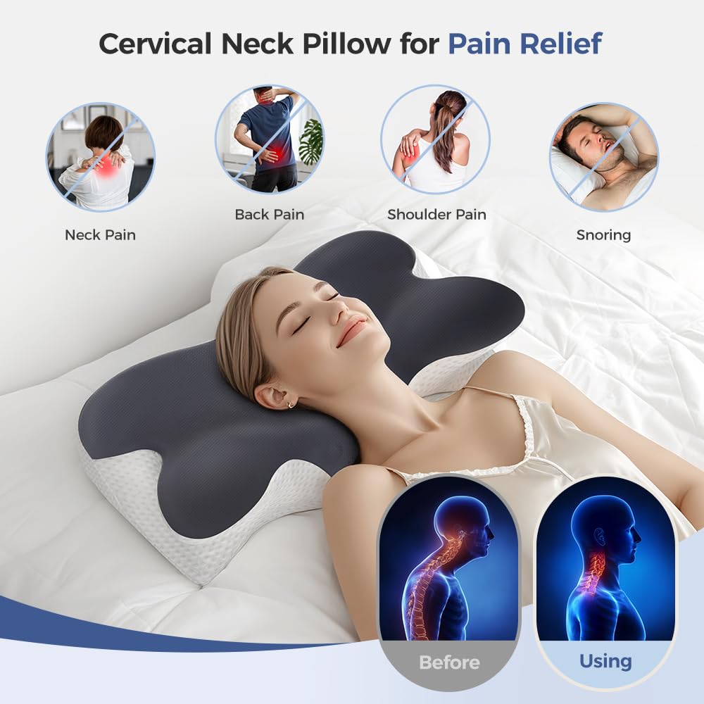 Cervical Neck Pillow for Neck Pain Relief,Neck Support Pillow for Sleeping, Side Sleeper Pillow for Bed,Memory Foam Ergonomic Pillows for Back Stomach Sleepers - Medaid International