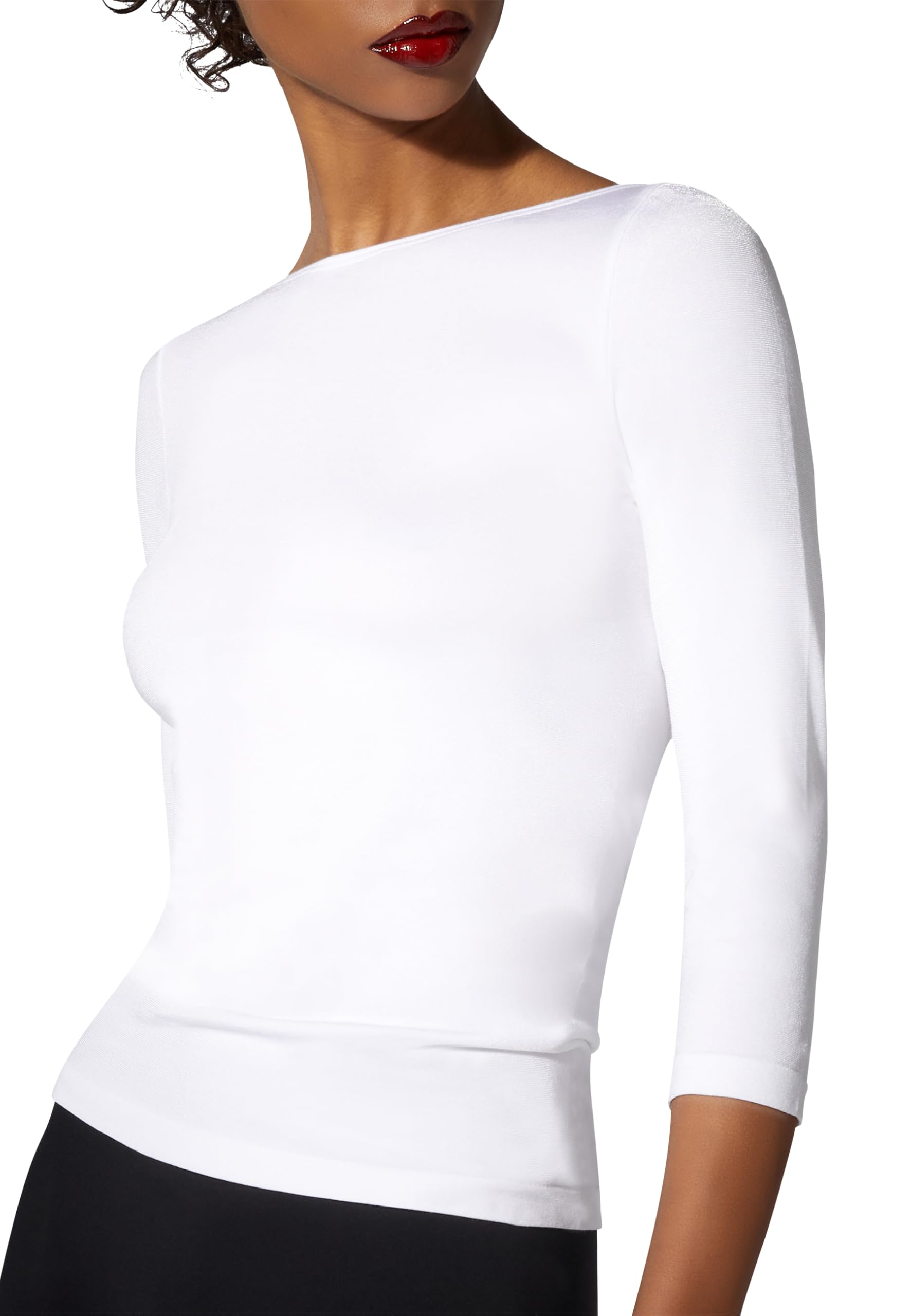 Wolford Cordoba Top Long Sleeves for Women Seamless Slim Fit Boatneck Shiny 3/4-Length Sleeves Soft Cotton Blend Interior White X-Small - Medaid International