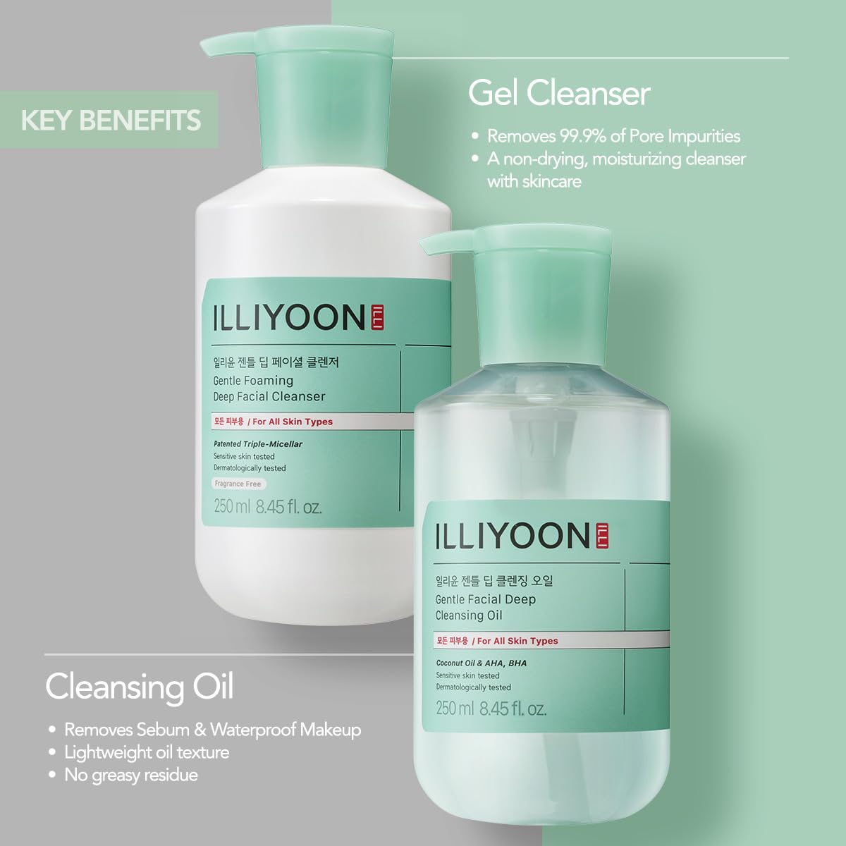 Illiyoon Gentle Deep Facial Cleanser & Cleansing Oil Set | Korean Face Wash Duo for Sensitive Skin | Low pH Gel-to-Foam Cleanser & Lightweight Oil Makeup Remover, Hydrating, Fragrance-Free - Medaid International