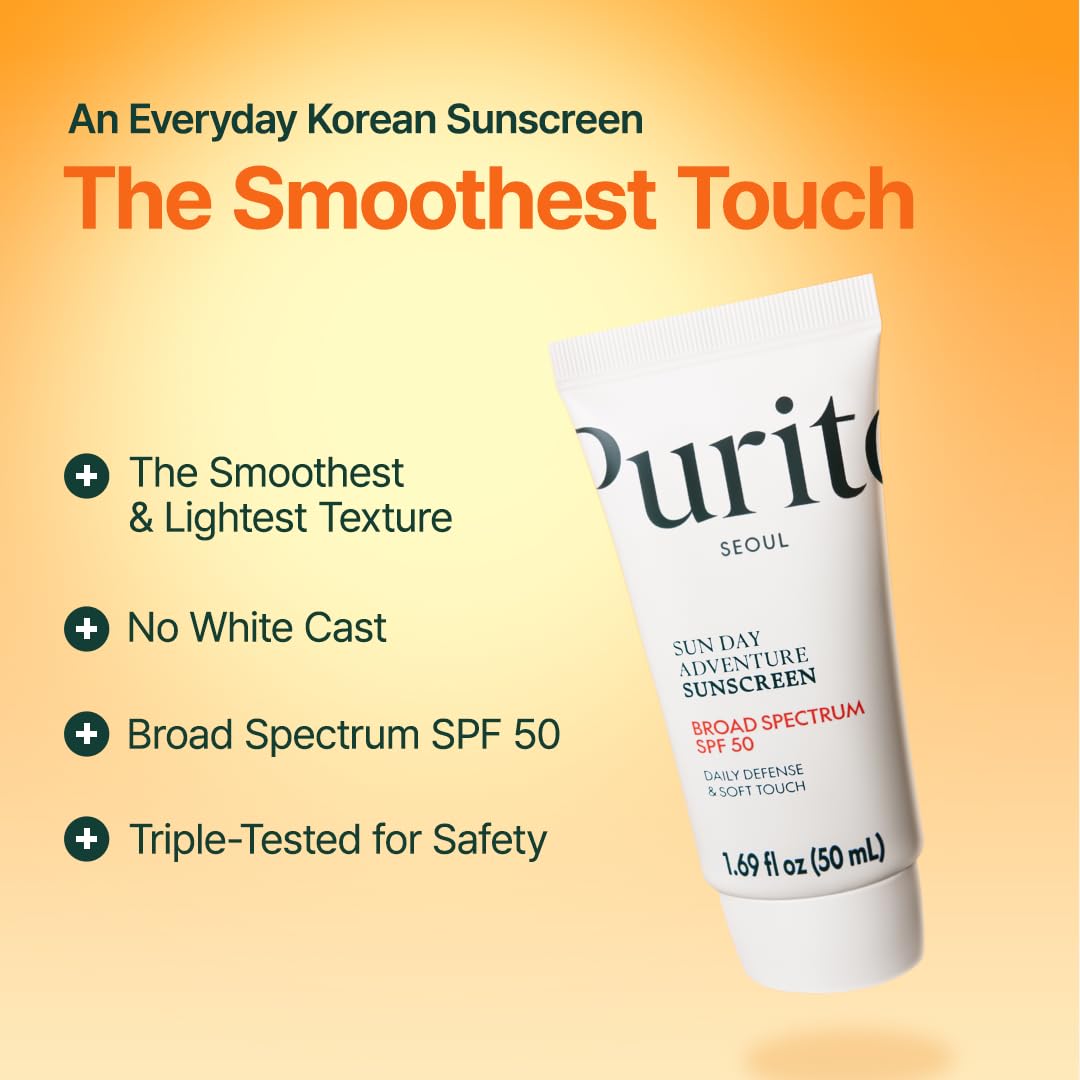PURITO Sun Day Adventure Korean Sunscreen Smoothest and Lightest Texture Broad Spectrum SPF 50 UVA & UVB Protection No White Cast Oil Free For All Skin Types Vegan Daily Skin Care 50ml, 1.69 fl.oz - Medaid International