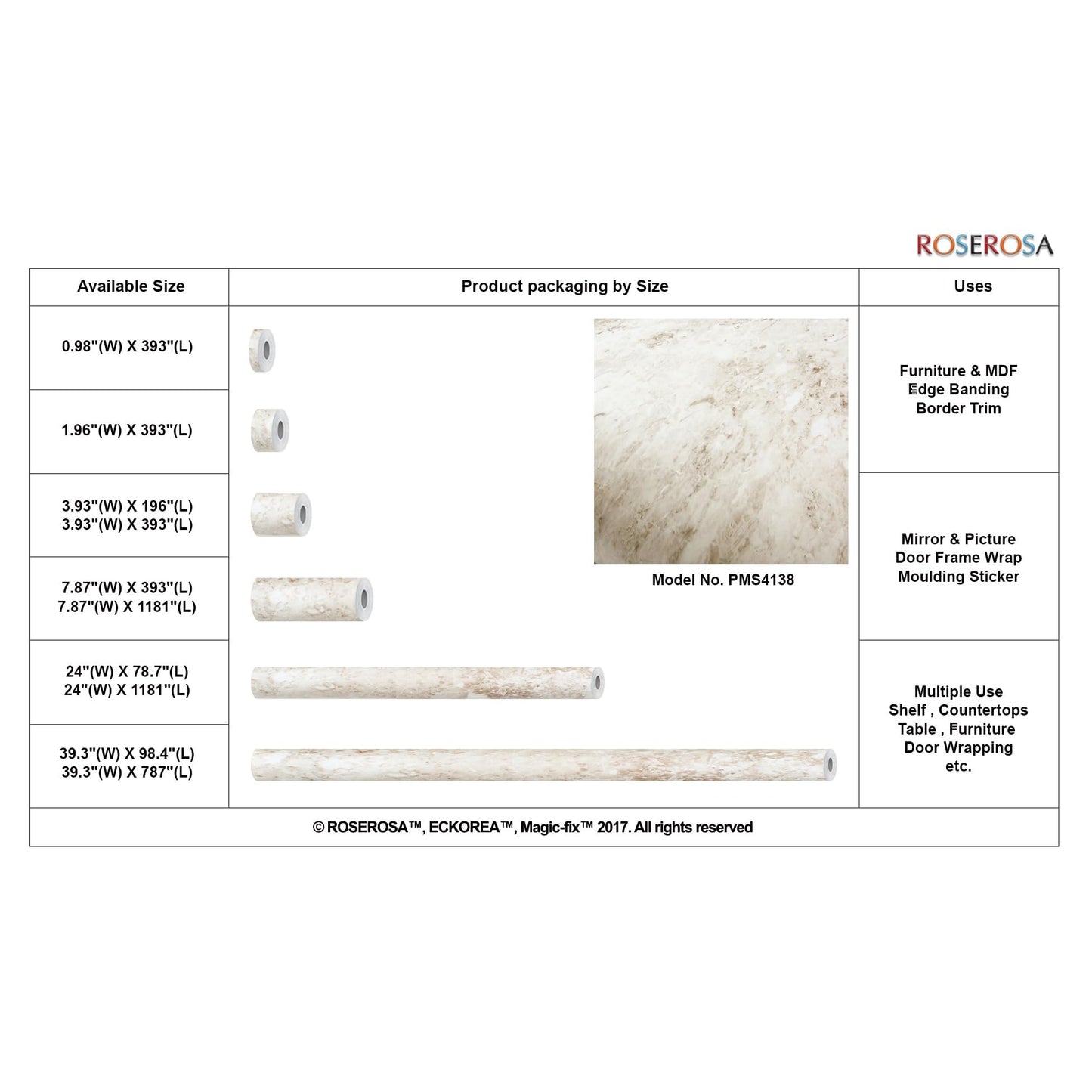 ROSEROSA Peel and Stick PVC Faux Marble Self-Adhesive Wallpaper Covering Counter Top Shelf Liner PMS4138 - Medaid International