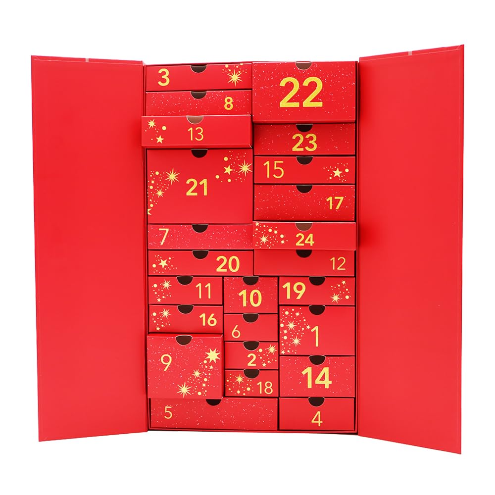 Empty 2025 24 Days Advent Calendar Large to Fill Cosmetics, Makeup, Perfume Packaging Paper Box, Valentin's Day EID Ramadan Gifts Cardboard (Red) - Medaid International