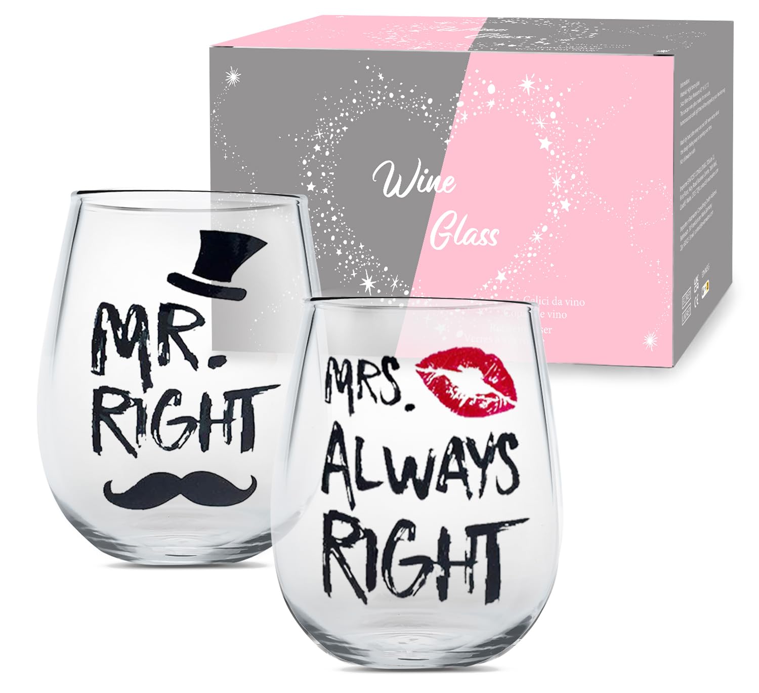 Yalucky Mr and Mrs Wine Glasses Set, Couple Mug Wedding Gifts, Golden Engagement Anniversary Presents for Bride and Groom, Husband & Wife, Bridal Shower Newlywed, Boy And Girl Friend - Medaid International