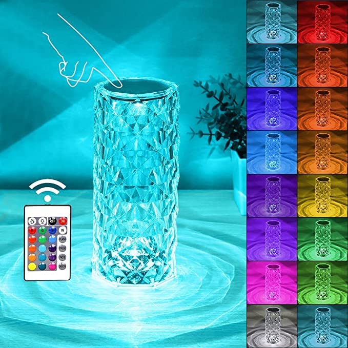 Wyatt Enterprises - Rose Diamond LED Crystal Lamp with 16 Color Options, Remote & Touch Control, USB Rechargeable for Bedroom & Living Room