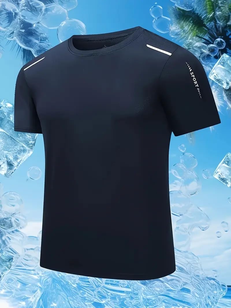Quick Dry Ice Silk Athletic T-Shirts for Men, Athletic Short Sleeve Moisture Wicking Tee for Running,Training （1 Piece） Dark Blue - Medaid International