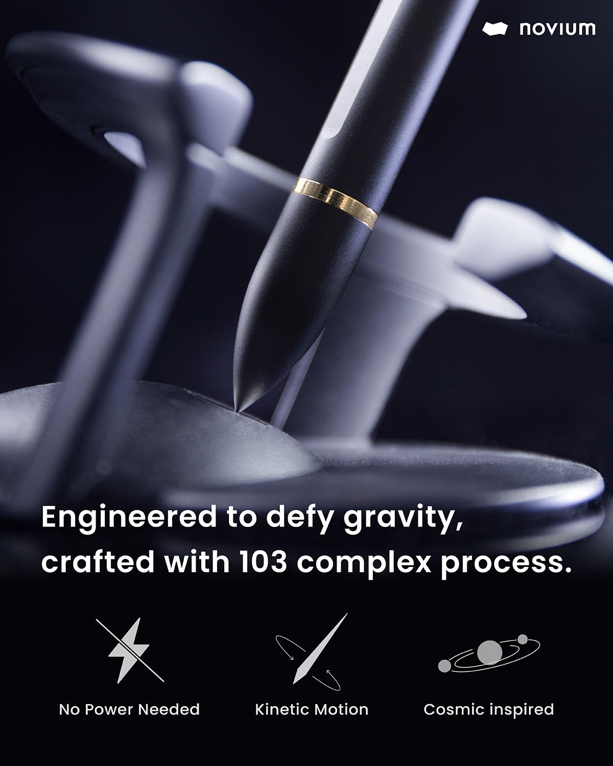 novium Hoverpen Interstellar - Space Black, Ballpoint Pen, 18K Gold-plated Pen Ring, 23.5 Degree Angle, Schmidt Ballpoint Refill, No Spills, No Spotting, No Explosions - Medaid International