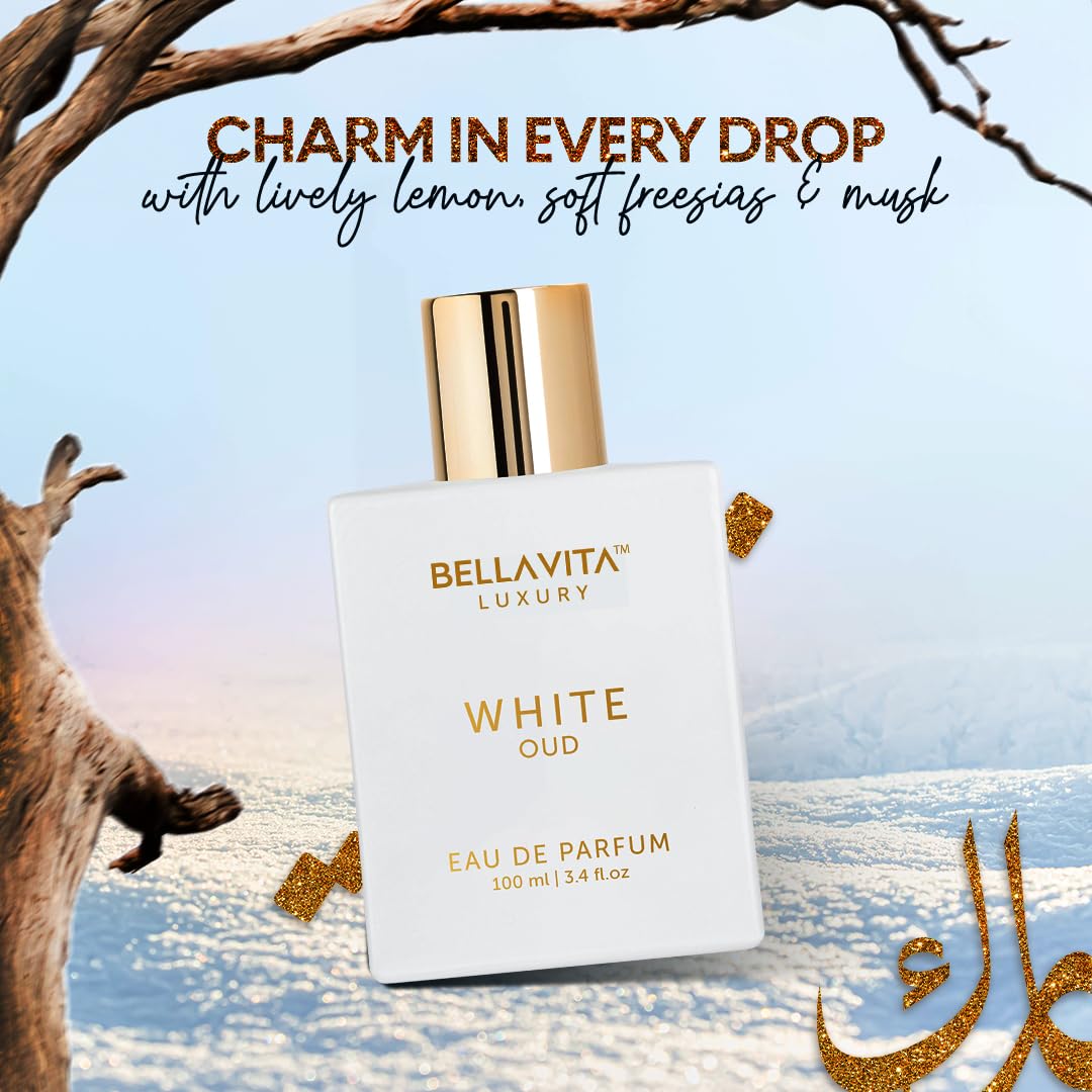 BellaVita Luxury White OUD Unisex Perfume 100Ml | Premium Arabic Men and Women Perfumes | Notes of Artemisia, Musk, Oud Vetiver and Freesias | Exquisite Unisex Arabian Perfume for Women & Men - Medaid International