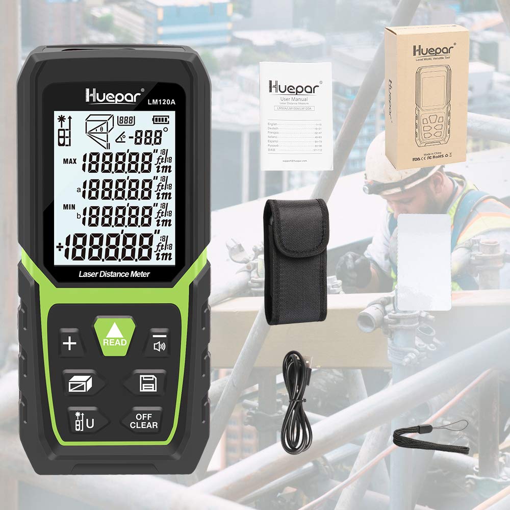 Huepar Laser Distance Meter 393Ft with Li-ion Battery & Electric Angle Sensor, Backlit LCD Laser Measure M/in/Ft with High Accuracy Multi-Measurement Modes, Pythagorean, Distance, Area&Volume - Medaid International
