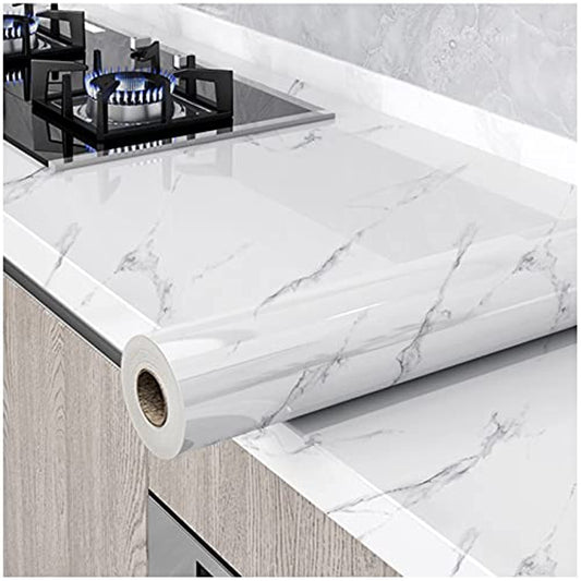 Glossy Marble Paper Granite Gray/White Wallpaper Peel and Stick Wallpaper Self Adhesive Removable Wallpapers 15.8″ ×118″ Waterproof Countertop Paper for Cabinet Countertop Furniture Kitchen Viny Film - Medaid International