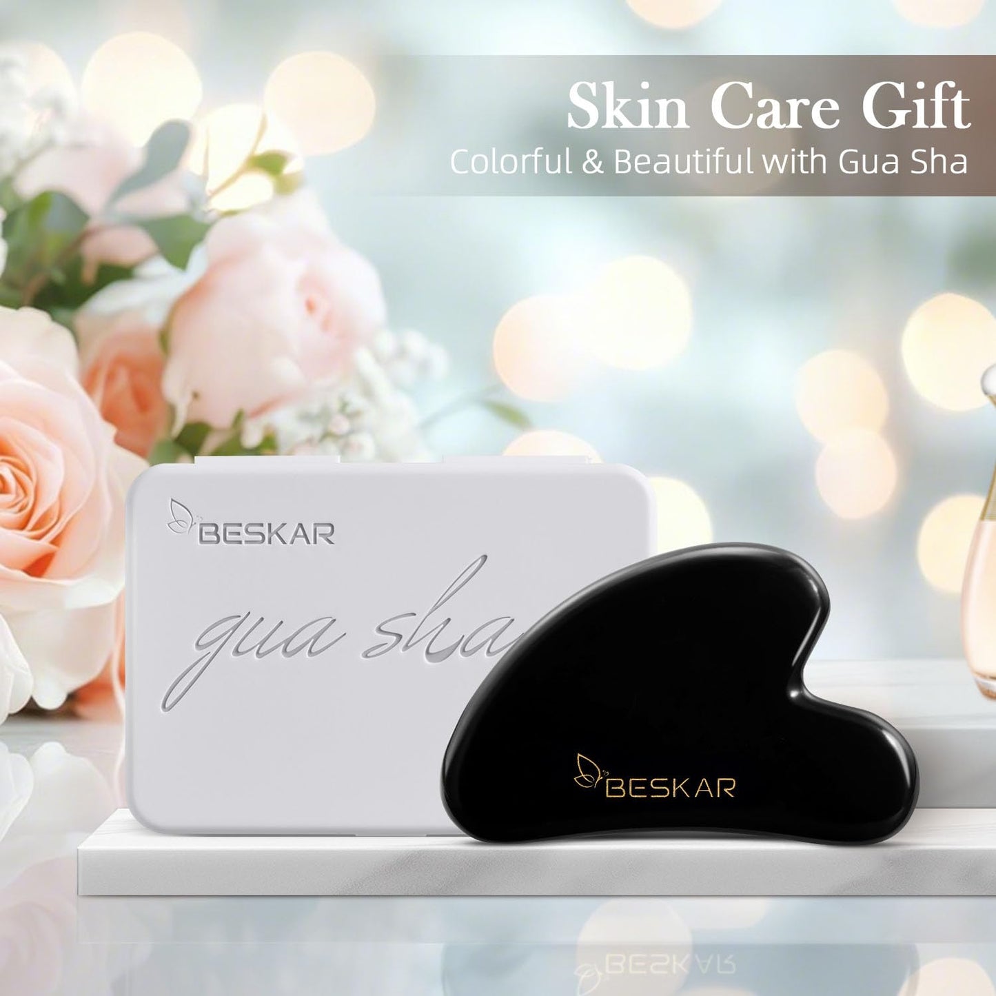 BESKAR Gua Sha Facial Tools, Natural Jade Stone Guasha Massager for Jawline Sculpting, Tighten Face Skin and Reduce Wrinkles, Face Eyes Body Neck Massage Tool, Skin Care Gift (Black) - Medaid International