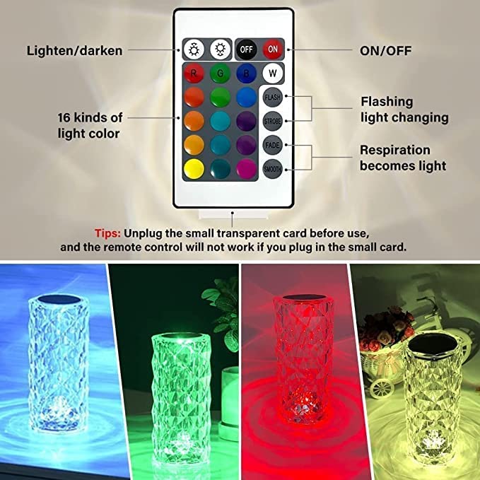 Wyatt Enterprises - Rose Diamond LED Crystal Lamp with 16 Color Options, Remote & Touch Control, USB Rechargeable for Bedroom & Living Room