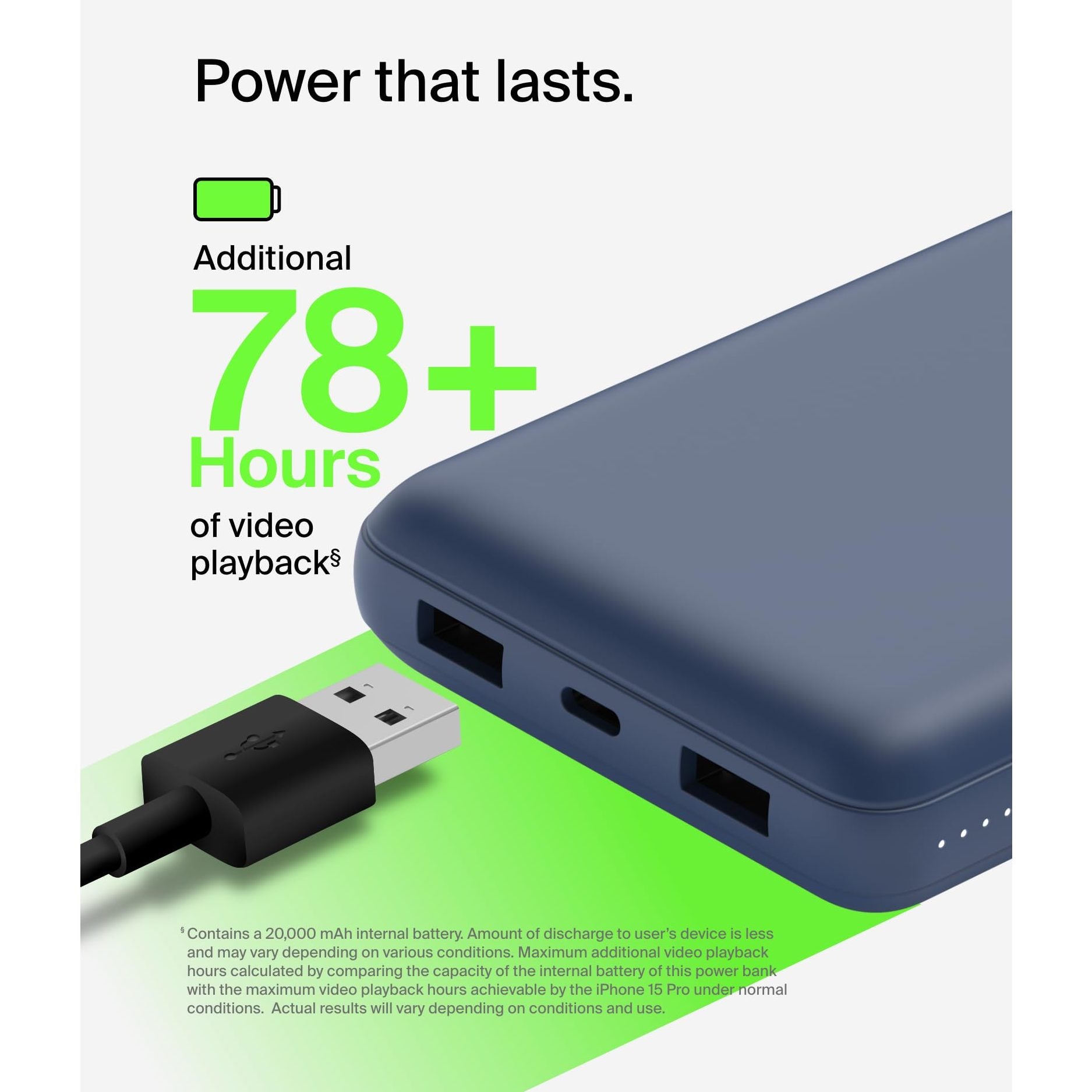 Belkin Portable Charger, USB C Power Bank 20000 mAh w/ 2 USB-A Ports, 15W w/ Type-A to Type-C Cable - iPhone 17, Air, Pro, Pro Max, AirPods, Samsung Galaxy S25, S24, Google Pixel 10, iPad, etc. - Blue - Medaid International