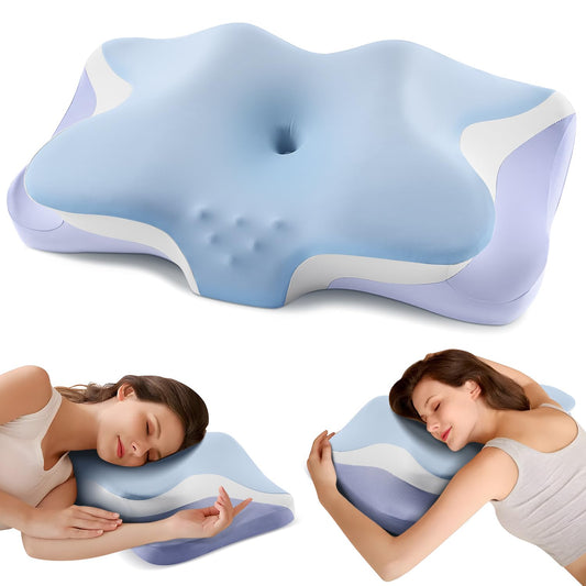 Cervical Pillow for Neck Pain Relief, Cooling Ergonomic Memory Foam Pillows for Sleeping with Luxury Anti-pilling Pillowcase, Contour Orthopedic Neck Support Pillow for Side Back Stomach Sleepers-Blue - Medaid International