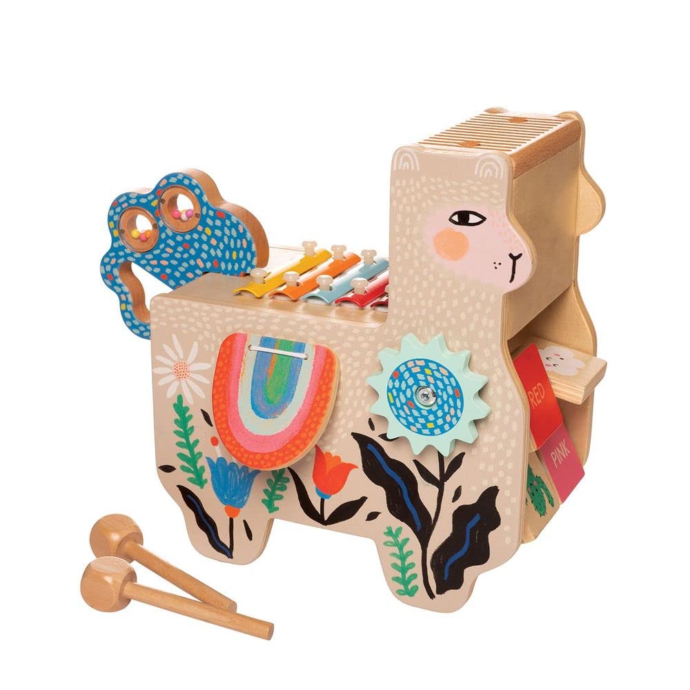 Manhattan Toy Musical Llama Wooden Instrument for Toddlers with Maraca, Clacking Saddlebags, Drumsticks, Washboard & Xylophone - Medaid International