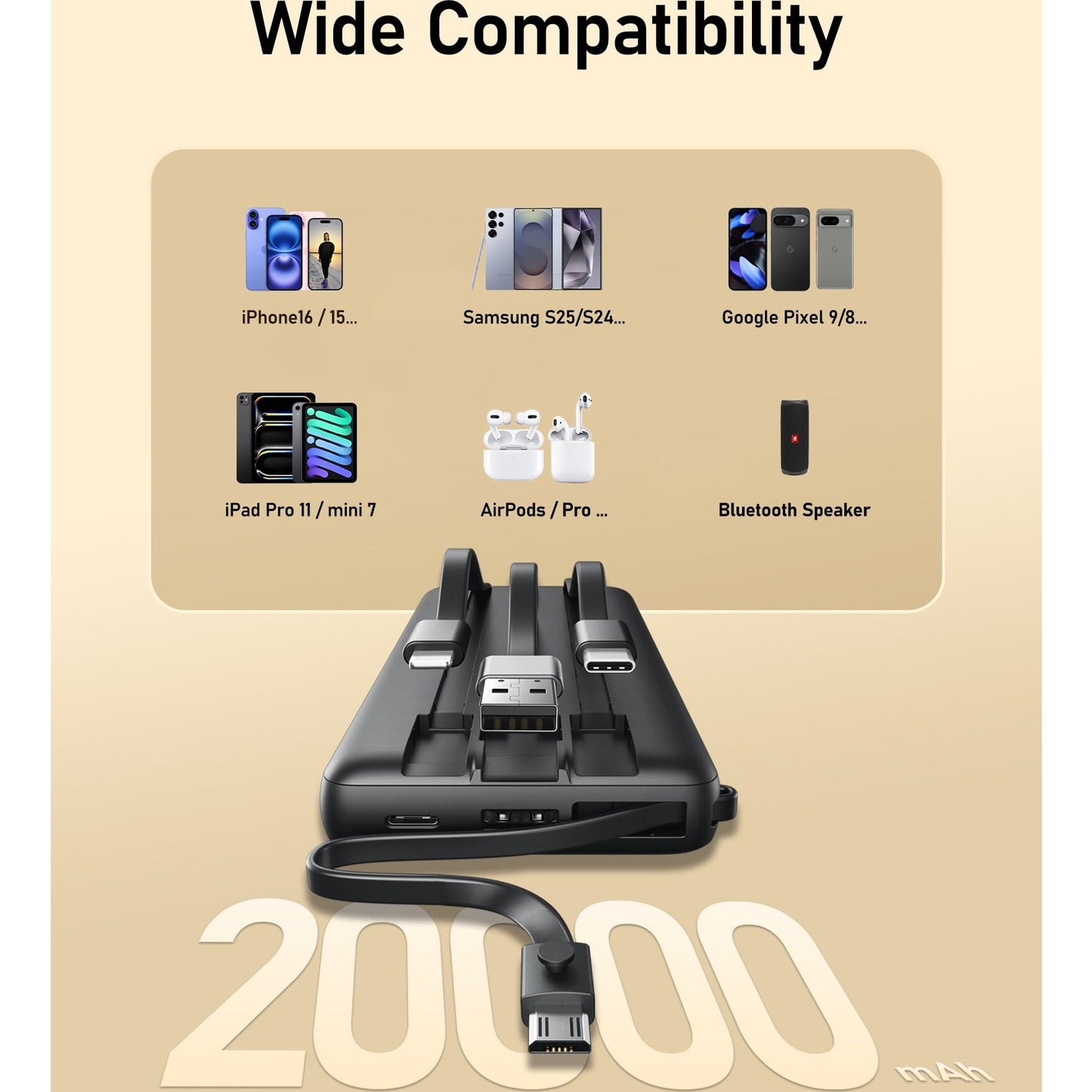 VEEKTOMX Power Bank with Built in Cables 20000mAh BK EU - Medaid International