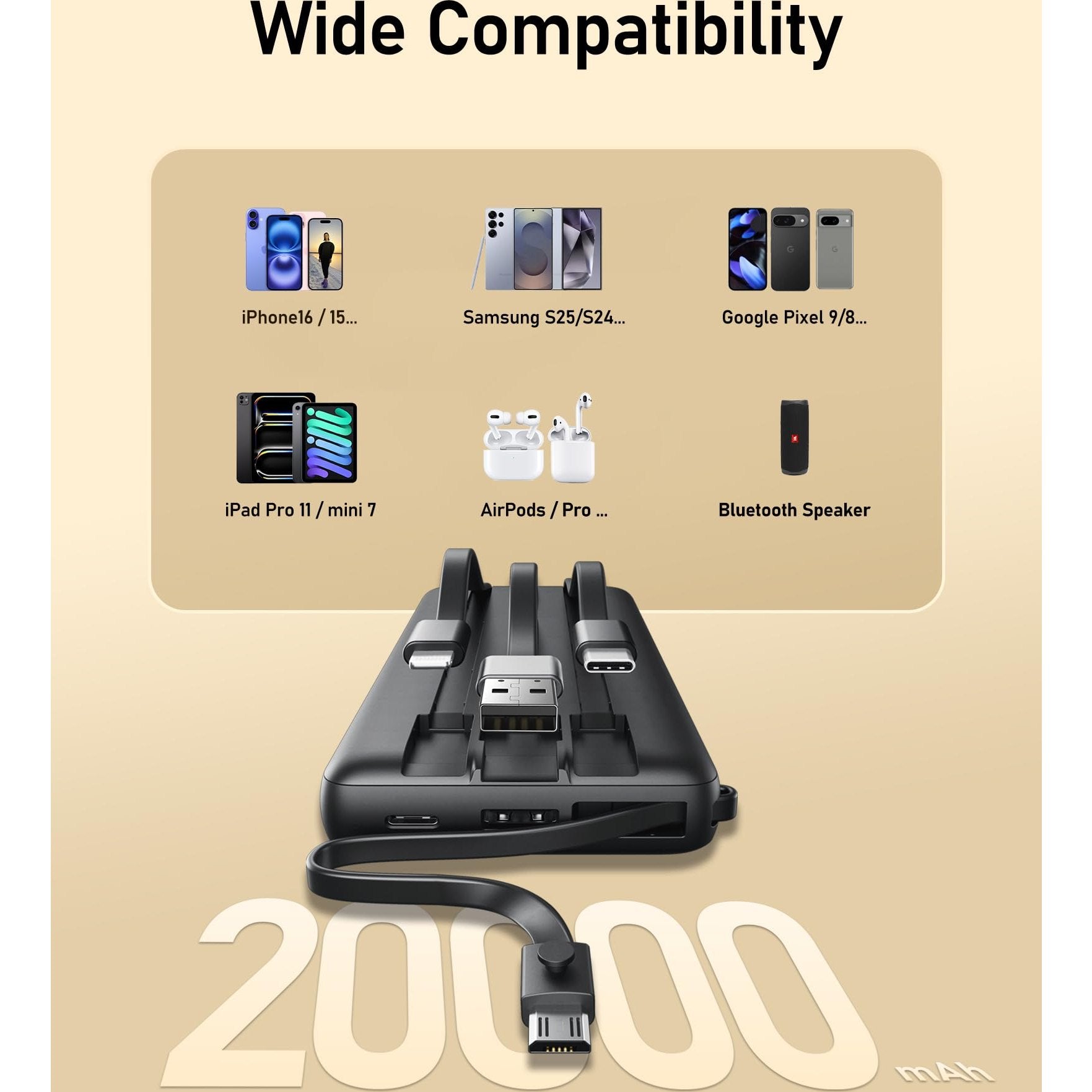 VEEKTOMX Power Bank with Built in Cables 20000mAh BK EU - Medaid International