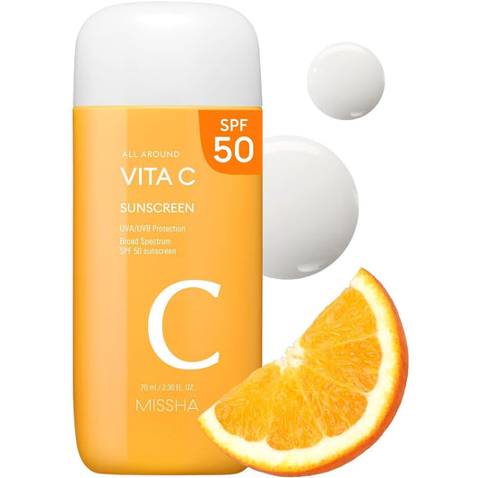 MISSHA All Around Vita C Sunscreen SPF 50/2.36 Fl Oz - Korean Sunscreen for Face with Vitamin C for Even Tone, Lightweight, Non-Sticky, Sebum Control - Medaid International