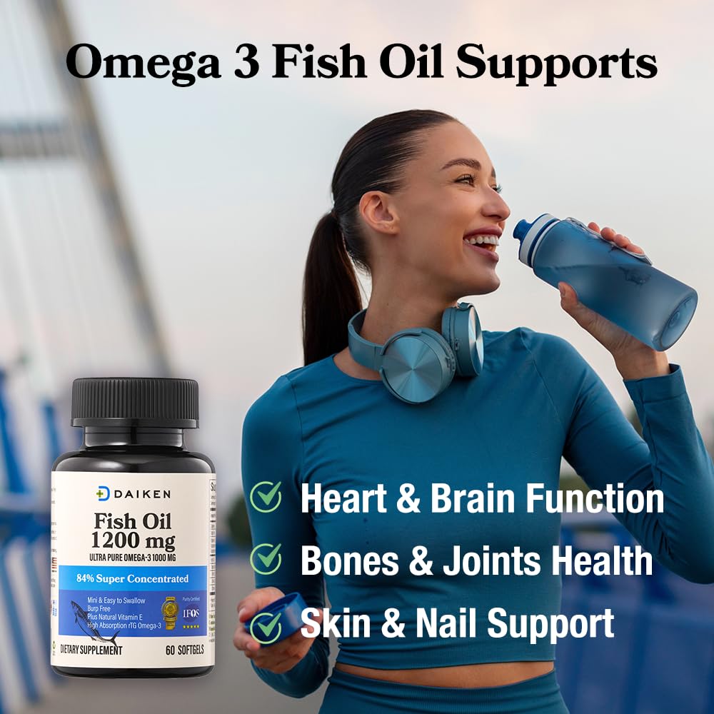 DAIKEN Mini Fish Oil 1200 mg, rTG Omega 3 1000mg, 60 Softgels, High Absorption & Burpless Fish Oil for Healthy Heart, Brain and Dry Eyes Support - Medaid International