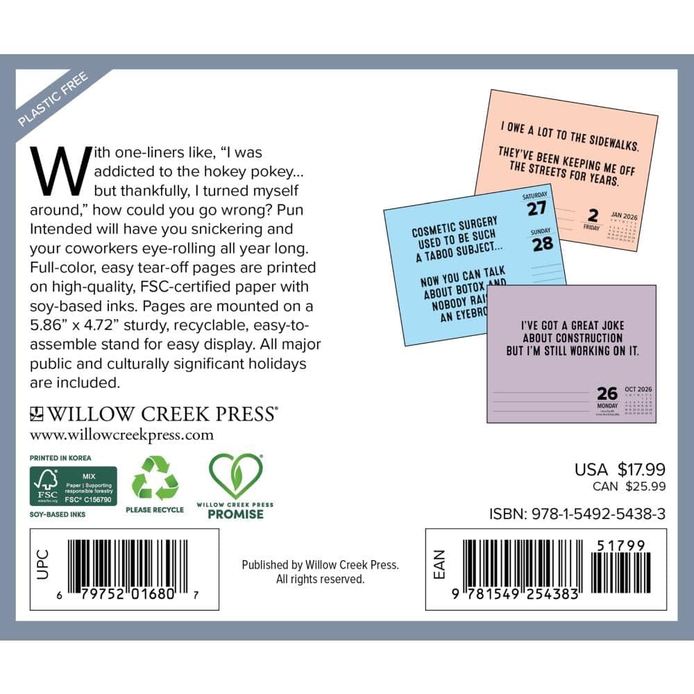 Willow Creek Press, Pun Intended 2026 Desk Calendar, 6.18'' X 5.43'', Daily Calendar with Adhesive Binding - Medaid International