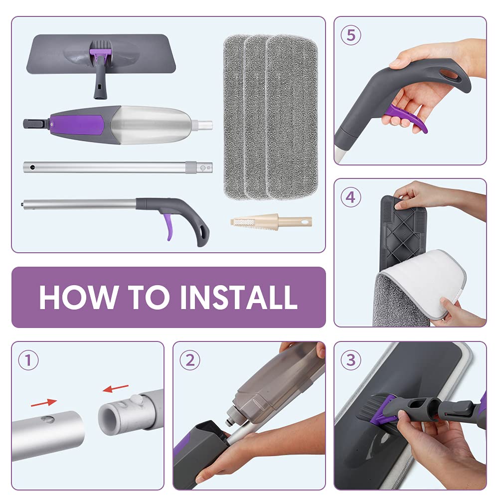 Spray Mops for Floor Cleaning - HOMSIER Microfiber Mop Wet Dry with 3 Washable Pads 550ML Refillable Bottle for Hardwood Wood Laminate Tile Marble Kitchen Home Hard Floors - Medaid International