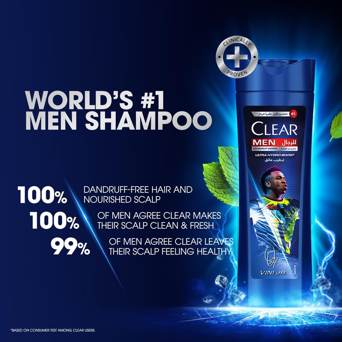 Clear Men anti-dandruff shampoo, ultra hydro boost, Vini Jr. edition, 100% dandruff-free hair & nourished scalp, 400 ml - Medaid International