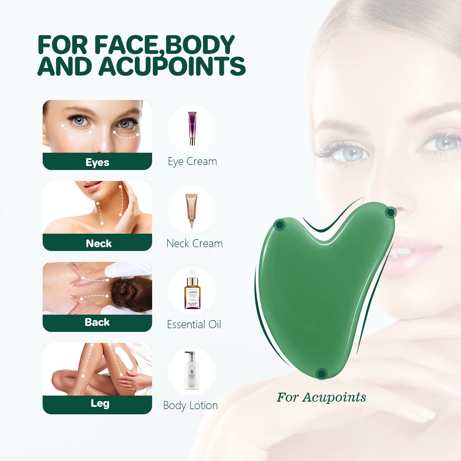 Gua Sha Facial Tool Guasha Board Natural Jade Stone for SPA Acupuncture Therapy Trigger Point Treatment, Relieve Muscle Tensions Reduce Puffiness (Green) - Medaid International