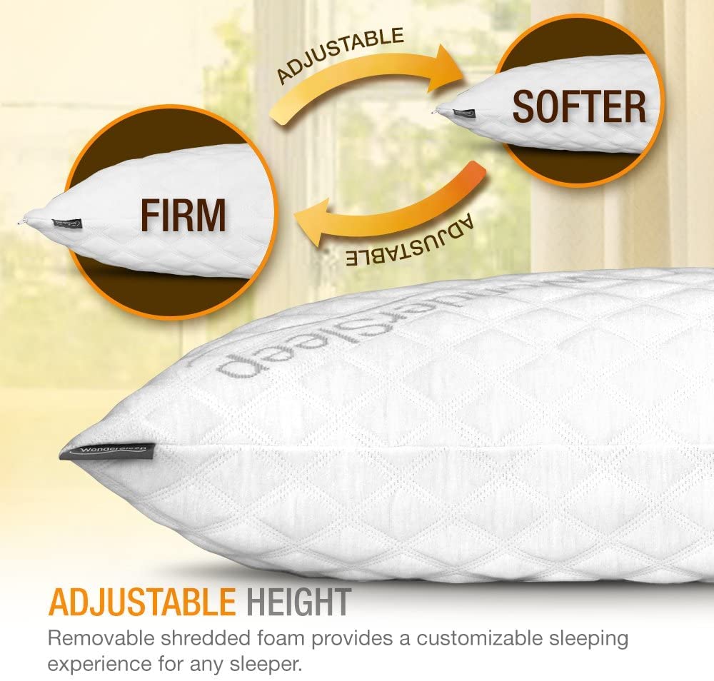 WonderSleep Premium Adjustable Loft [Queen Size 2-Pack] - Shredded Memory Foam Pillow for Home & Hotel Collection + Washable Removable Cooling Bamboo Derived Rayon Cover - 2 Pack Queen - Medaid International