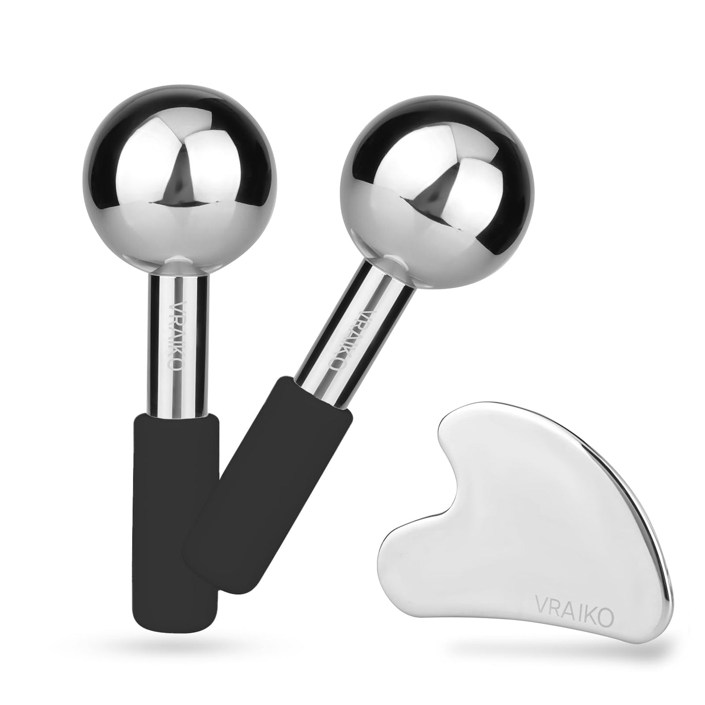 VRAIKO ICE Globes for Facials & Gua Sha Set, Gua Sha Facial Tools and Cryo Sticks with Unbreakable Steel, Face Massager Cooling Rollers for Dark Circles, Puffiness and Lymphatic Drainage (Black) - Medaid International