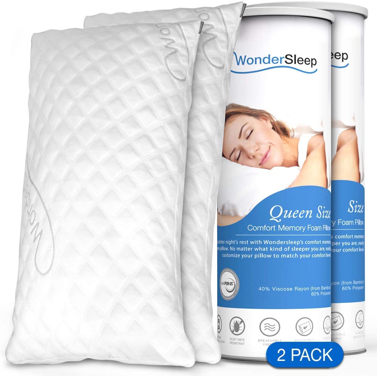WonderSleep Premium Adjustable Loft [Queen Size 2-Pack] - Shredded Memory Foam Pillow for Home & Hotel Collection + Washable Removable Cooling Bamboo Derived Rayon Cover - 2 Pack Queen - Medaid International