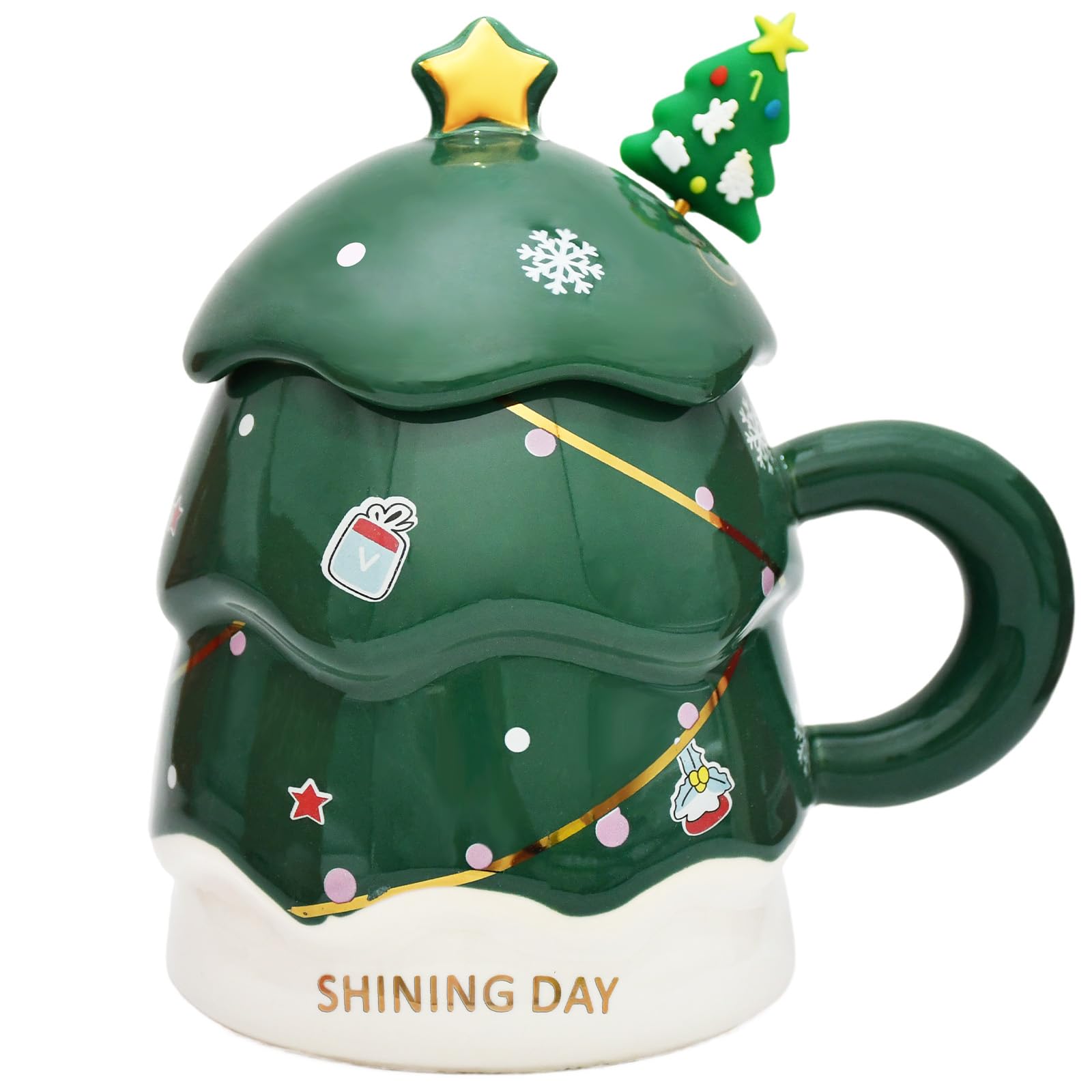 Peclek 14 oz Christmas Tree Mug with Lid and Spoon Decorations, Cute Festive Ceramic Coffee Cup, Winter Xmas Holiday Birthday Tabletop Drinkware Teacup Gifts for Adults Kids Men Women (Green) - Medaid International