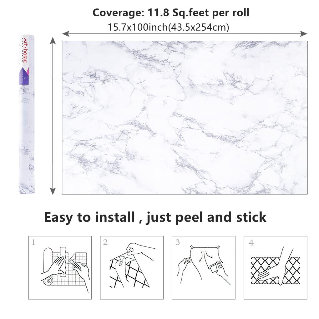 Arthome White Marble Contact Paper - Peel and Stick Wallpaper - Self-Adhesive & Removable Wall Paper for Furniture Desk, Kitchen Countertop, Cabinet, Shelf Liner, Wallcovering, (17"x120") - Medaid International