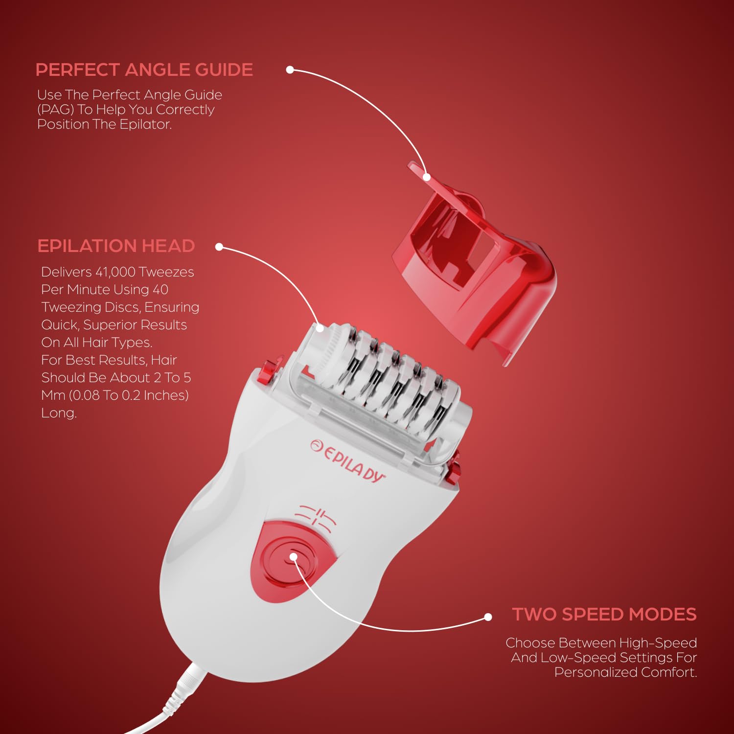 Epilady Speed Corded Epilator for Women | Compact Hair Removal Device for Arms, Legs, Underarms & Bikini Area, Epilators Hair Removal for Women (RED) - Medaid International