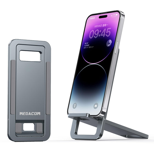 megacom Foldable Aluminum Adjustable Cell Phone Stand, Thin Portable Travel Desk Holder - Gray - Medaid International