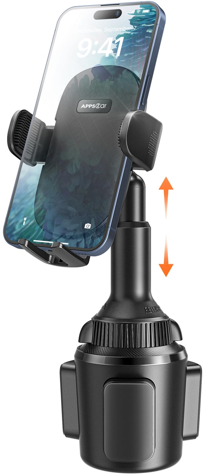 APPS2Car Universal Car Cup Phone Holder | Quick Extension Long Arm | 360° Swivel | Adjustable for iPhone, Samsung, Google, and All Smartphones | Stable & No Shake Design - Medaid International