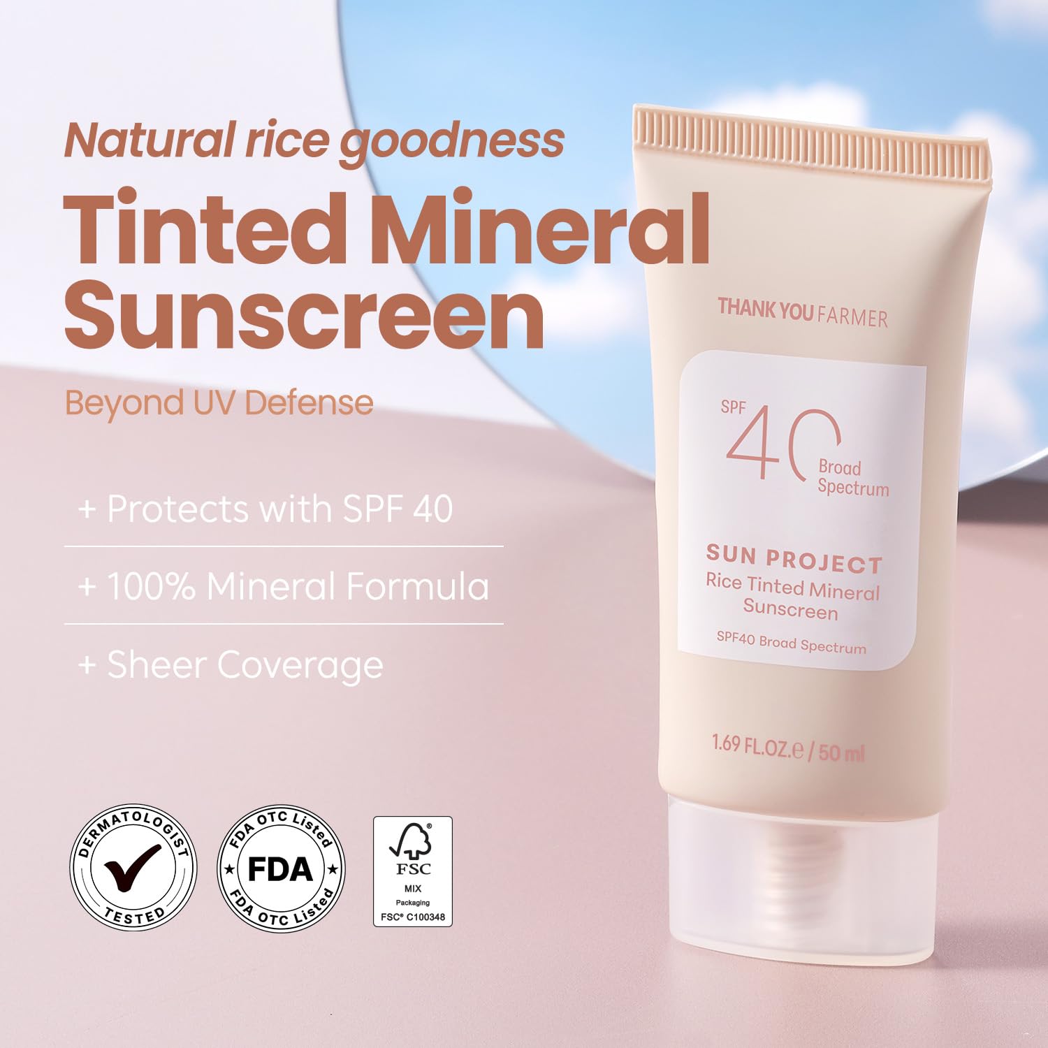 THANKYOU FARMER Sun Project Rice Tinted Mineral Sunscreen SPF40 Broad Spectrum - Korean Face Sunscreen with Zinc Oxide - Tinted SPF with No White Cast, Dermatologist-Tested - 1.69 fl oz - Medaid International