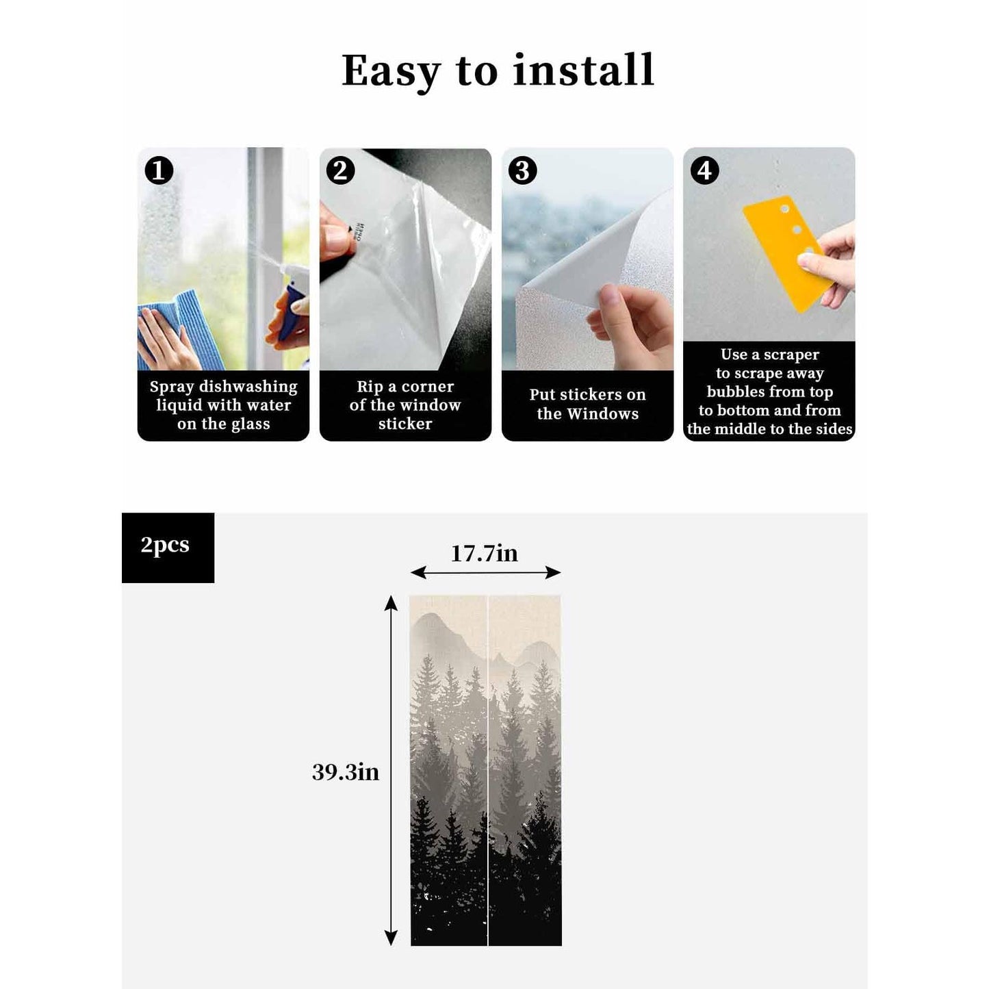 Window Privacy Film Abstract Forest Static Cling Window Film for Glass Windows Removable Decorative Glass Clings for Home Bathroom Office 17.7"x39" Black Gray Trees - Medaid International