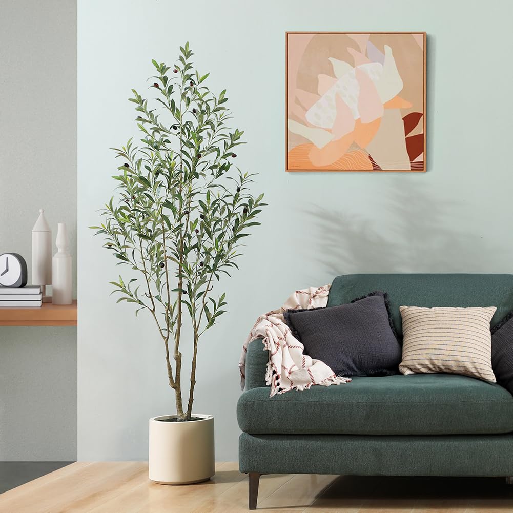 LOMANTO Artificial Olive Trees, 6 ft Tall Fake Olive Trees for Indoor, Faux Olive Silk Tree, Large Olive Plants with White Planter for Home Decor and Housewarming Gift, 1 Pack - Medaid International