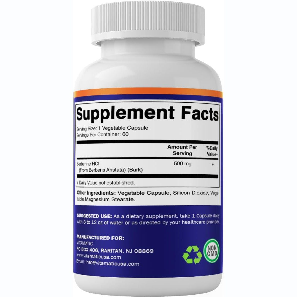 Vitamatic Berberine Supplement 500mg - 60 Vegetable Capsules - Made in The USA - Gluten Free - Non-GMO (1 Bottle) - Medaid International