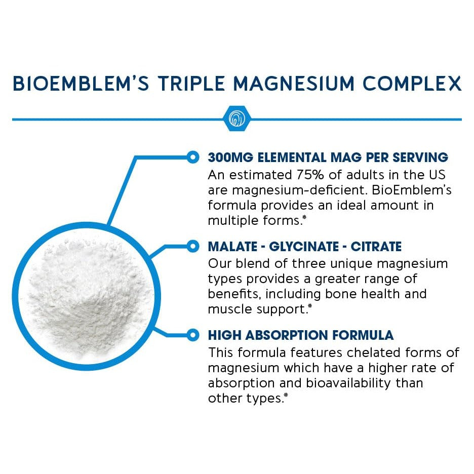 BioEmblem Triple Magnesium Complex | 300mg of Magnesium Glycinate, Malate, & Citrate for Muscles, Nerves, & Energy | High Absorption | Vegan, Non-GMO | 90 Capsules - Medaid International