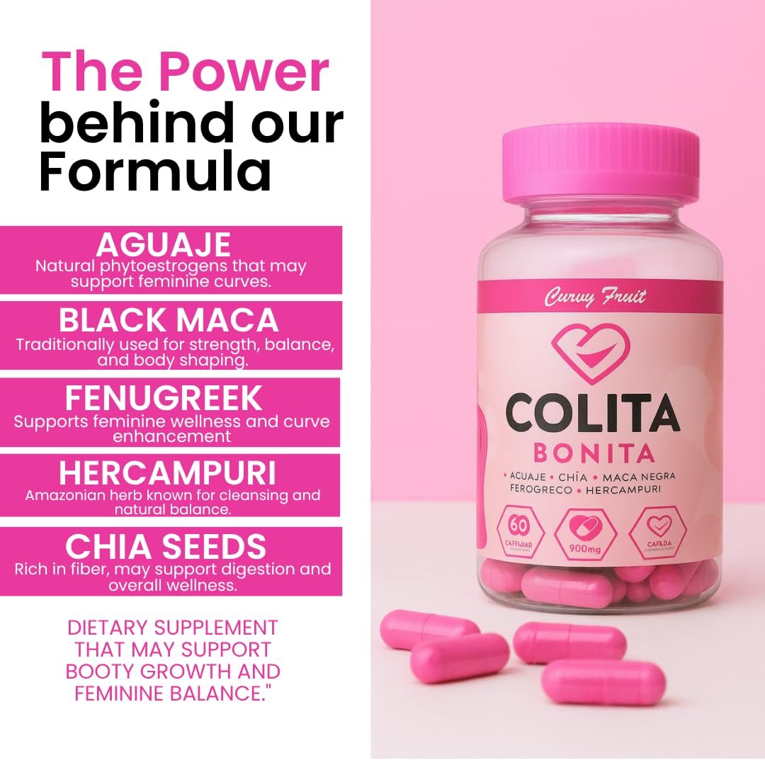 Colita Bonita – Aguaje, Black Maca & Fenugreek Pills – Natural Booty Growth & Hip Shaping Supplement – Supports Curves, Hormonal Balance & Waist Definition – 60 Capsules (30-Day Supply) - Medaid International